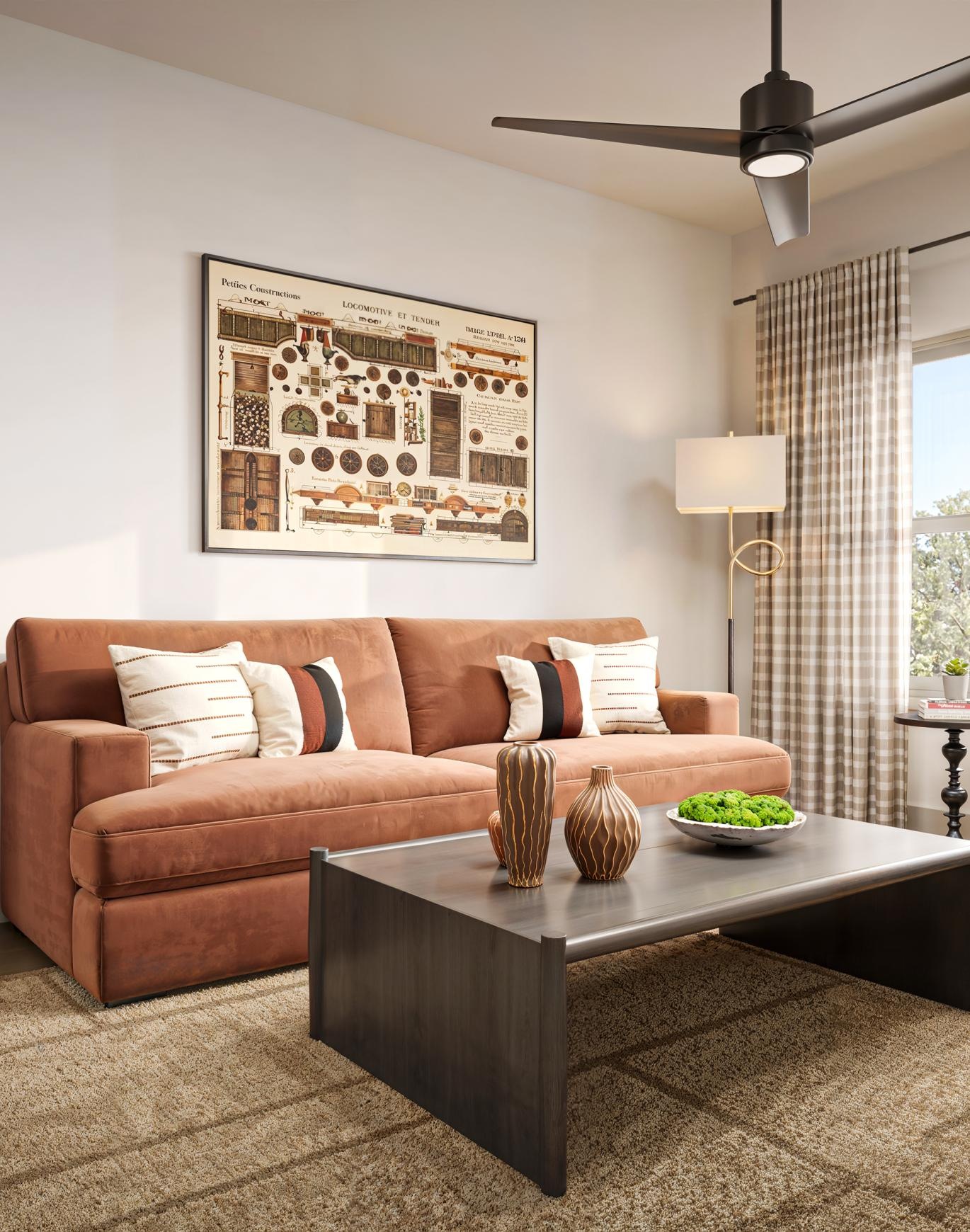 a living room with a couch and a coffee table