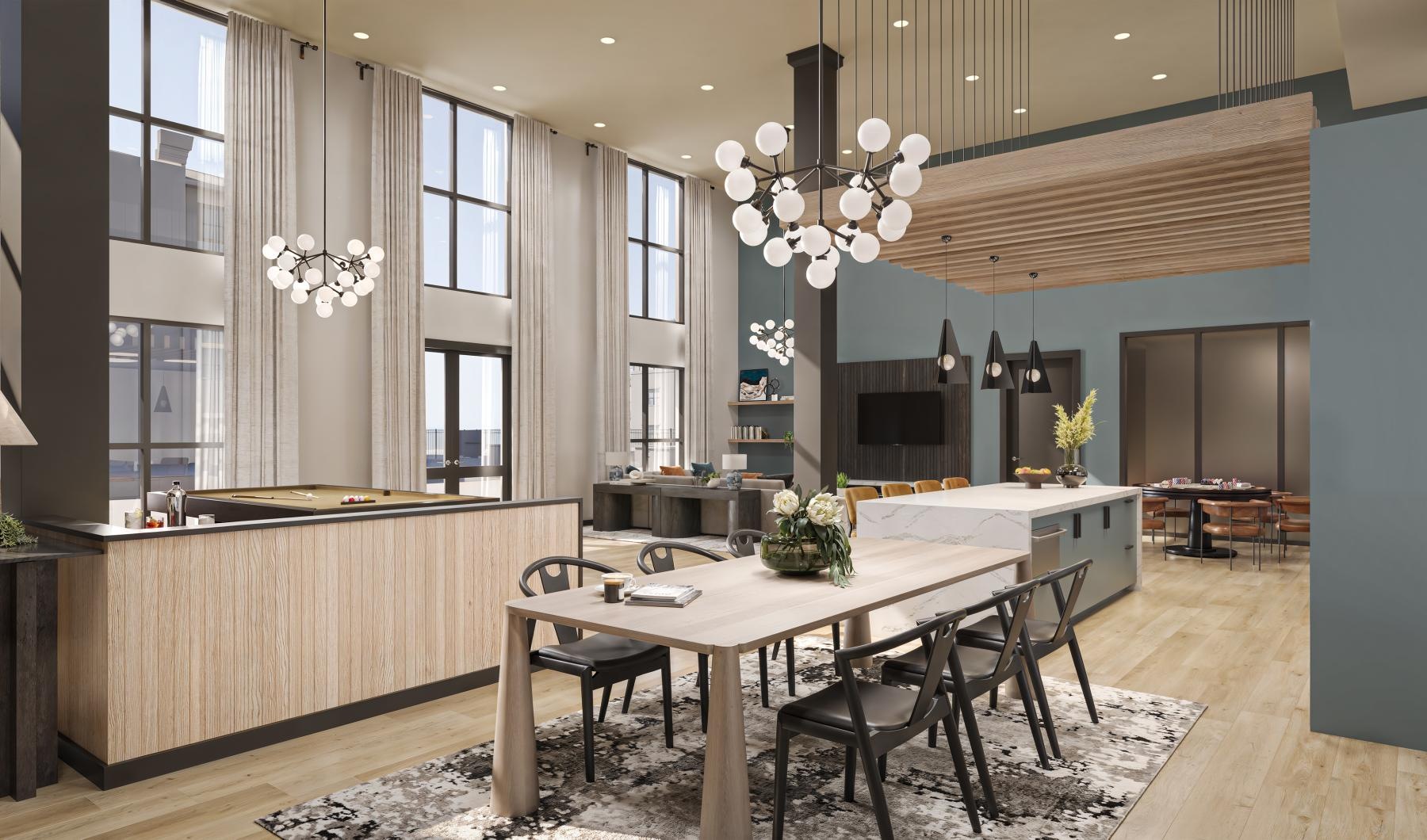 a dining room with a chandelier and a table